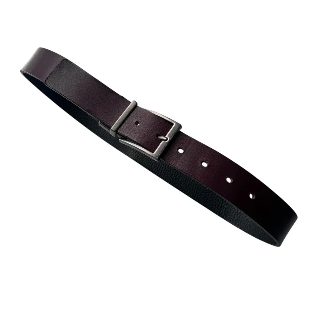 Reversible Genuine Leather Belt Black Burgundy Textured‎ Silver Buckle Men’s M/L